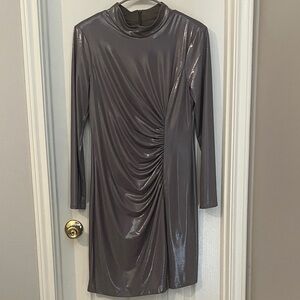 Vince Camuto Metallic Ruched Mockneck Sheath Mini Dress Silver Long Sleeve Dress